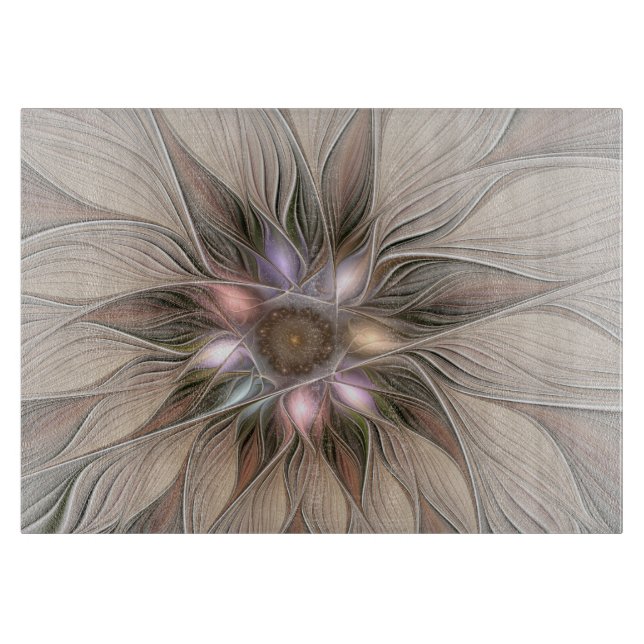 Joyful Flower Abstract Beige Brown Floral Fractal Cutting Board (Front)