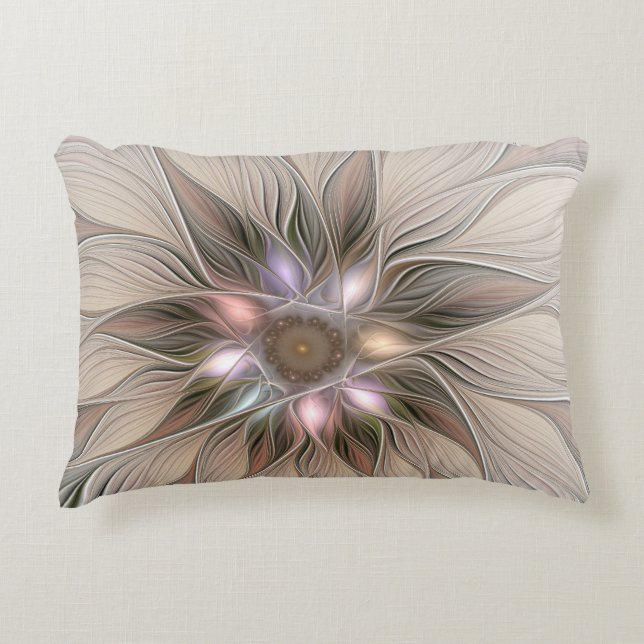 Joyful Flower Abstract Beige Brown Floral Fractal Decorative Cushion (Front)