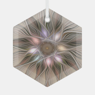 Joyful Flower Abstract Beige Brown Floral Fractal Glass Tree Decoration