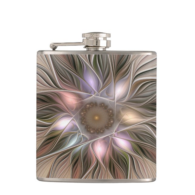 Joyful Flower Abstract Beige Brown Floral Fractal Hip Flask (Front)