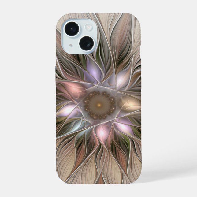 Joyful Flower Abstract Beige Brown Floral Fractal iPhone 15 Case (Back)