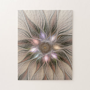 Joyful Flower Abstract Beige Brown Floral Fractal Jigsaw Puzzle