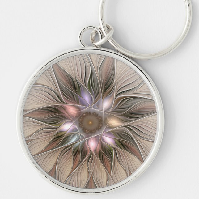 Joyful Flower Abstract Beige Brown Floral Fractal Key Ring (Front)
