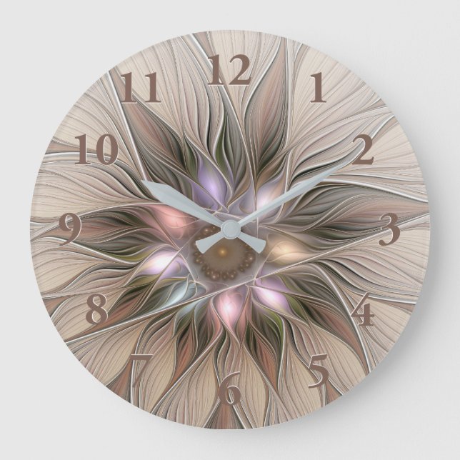 Joyful Flower Abstract Beige Brown Floral Fractal Large Clock (Front)
