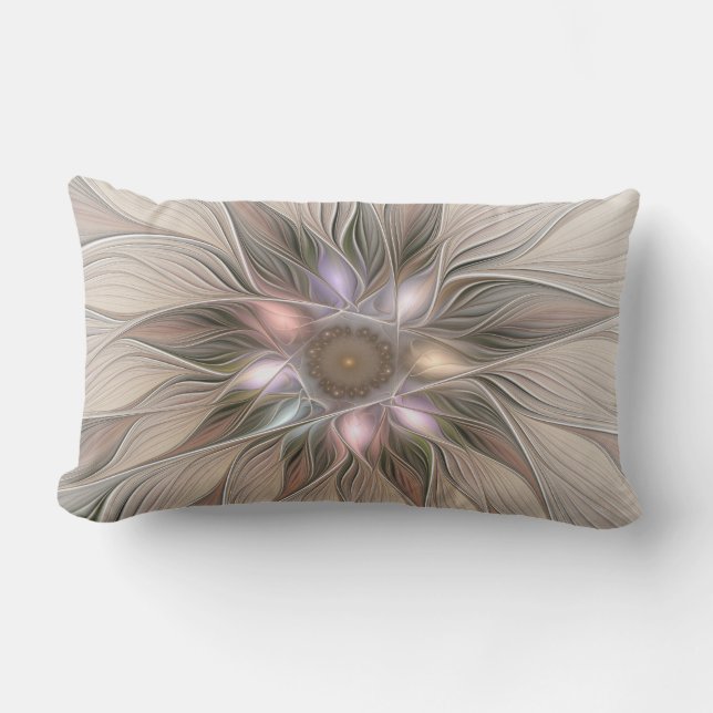 Joyful Flower Abstract Beige Brown Floral Fractal Lumbar Cushion (Front)