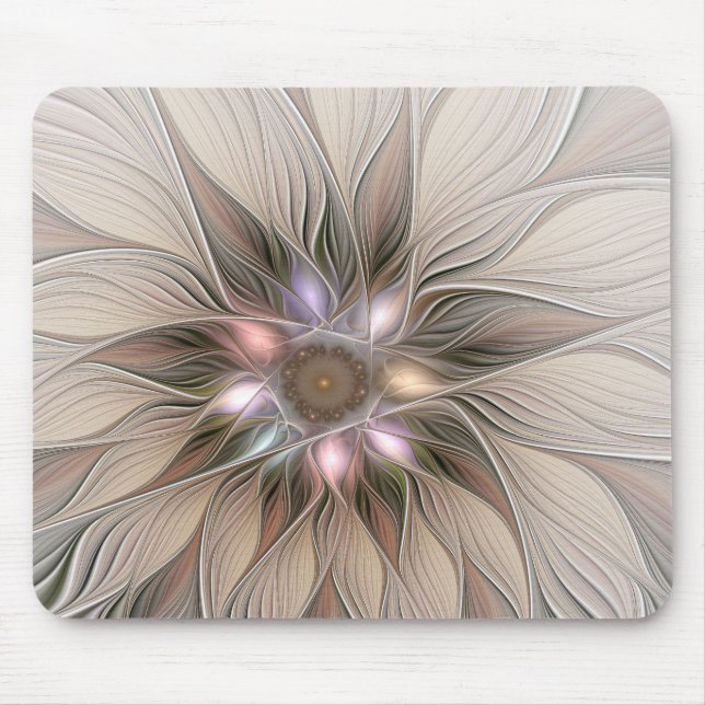 Joyful Flower Abstract Beige Brown Floral Fractal Mouse Pad (Front)