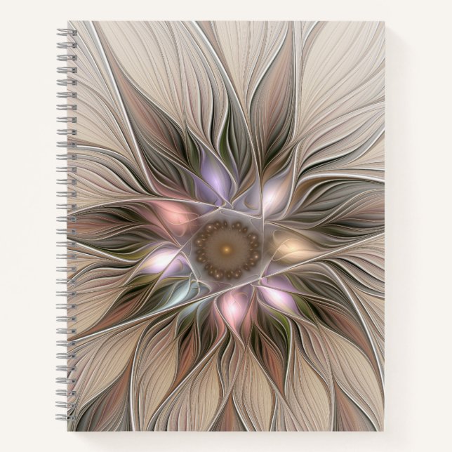 Joyful Flower Abstract Beige Brown Floral Fractal Notebook (Front)