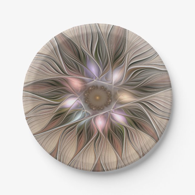 Joyful Flower Abstract Beige Brown Floral Fractal Paper Plate (Front)