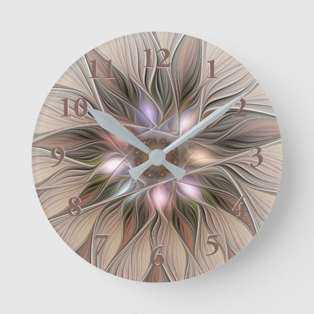 Joyful Flower Abstract Beige Brown Floral Fractal Round Clock (Front)