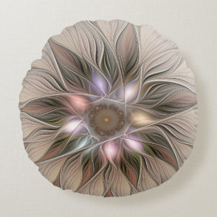 Joyful Flower Abstract Beige Brown Floral Fractal Round Cushion