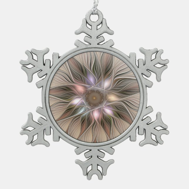 Joyful Flower Abstract Beige Brown Floral Fractal Snowflake Pewter Christmas Ornament (Front)