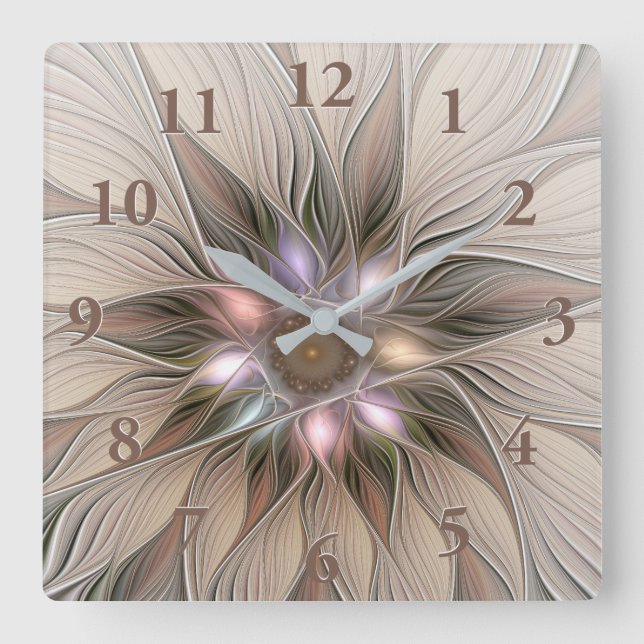 Joyful Flower Abstract Beige Brown Floral Fractal Square Wall Clock (Front)