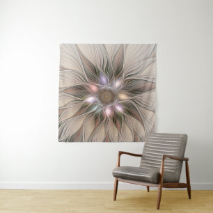 Joyful Flower Abstract Beige Brown Floral Fractal Tapestry