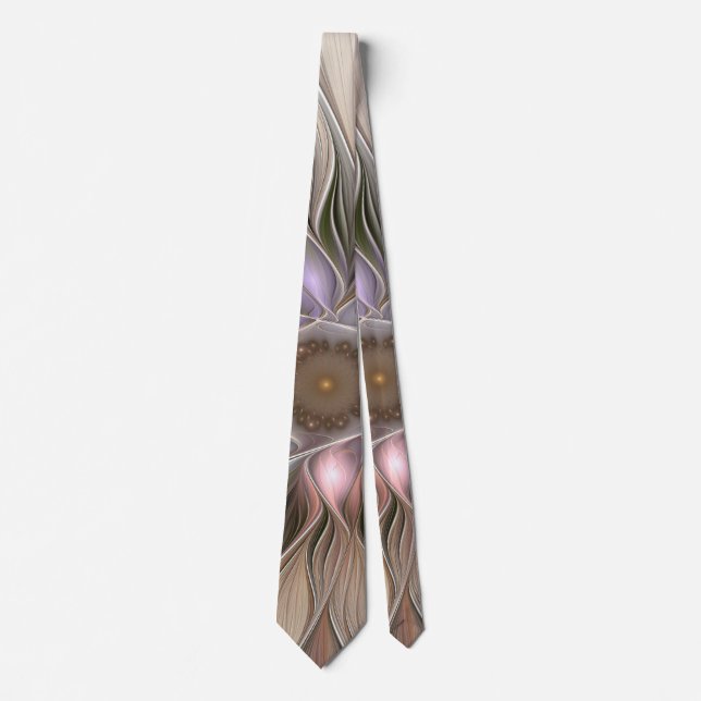 Joyful Flower Abstract Beige Brown Floral Fractal Tie (Front)
