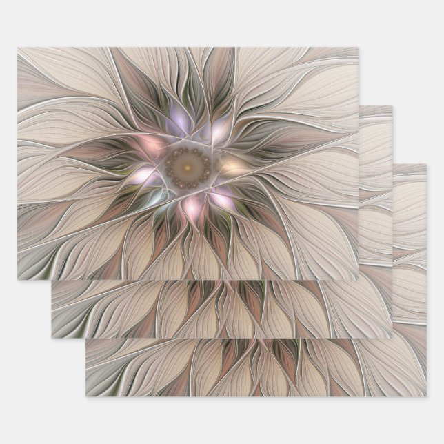 Joyful Flower Abstract Beige Brown Floral Fractal Wrapping Paper Sheet (Set)