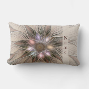Joyful Flower Abstract Beige Brown Fractal Name Lumbar Cushion