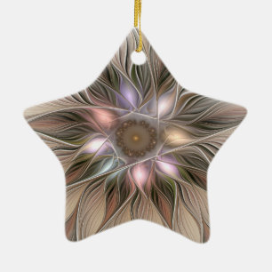 Joyful Flower Abstract Beige Brown Fractal Star Ceramic Ornament