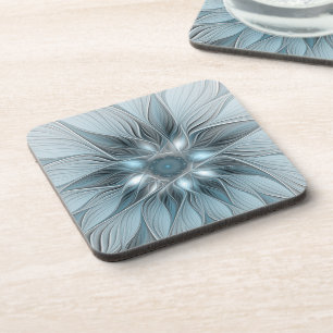Joyful Flower Abstract Blue Gray Floral Fractal Coaster