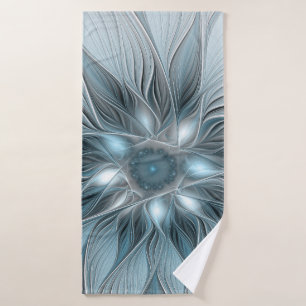 Joyful Flower Abstract Blue Grey Floral Fractal Bath Towel