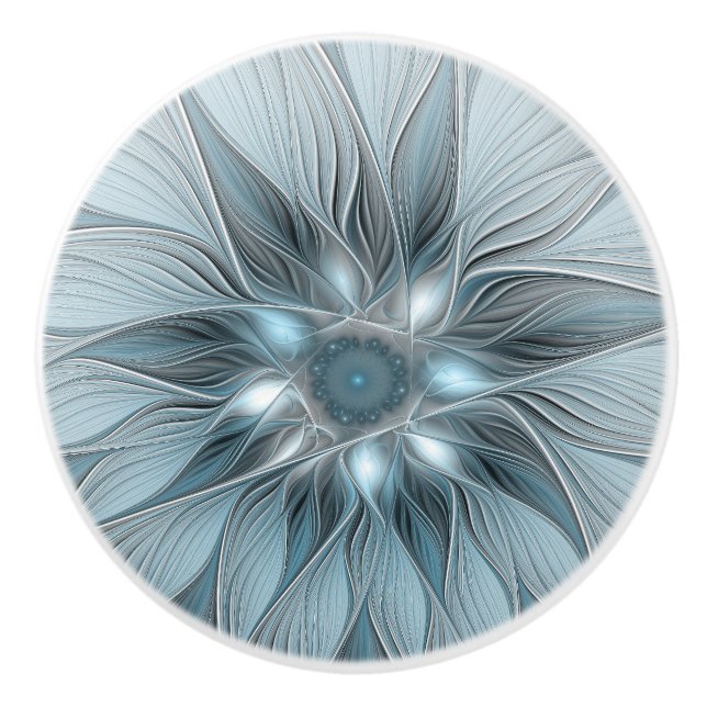 Joyful Flower Abstract Blue Grey Floral Fractal Ceramic Knob (Front)