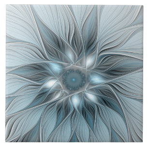 Joyful Flower Abstract Blue Grey Floral Fractal Ceramic Tile