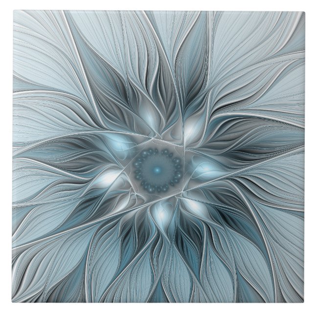 Joyful Flower Abstract Blue Grey Floral Fractal Ceramic Tile (Front)
