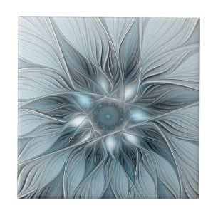 Joyful Flower Abstract Blue Grey Floral Fractal Ceramic Tile