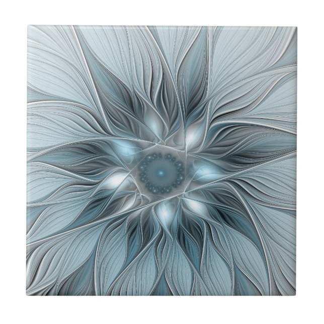 Joyful Flower Abstract Blue Grey Floral Fractal Ceramic Tile (Front)