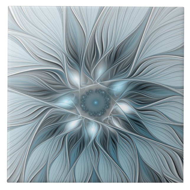 Joyful Flower Abstract Blue Grey Floral Fractal Ceramic Tile (Front)