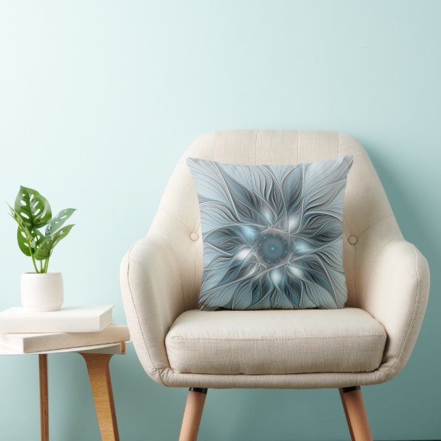 Joyful Flower Abstract Blue Grey Floral Fractal Cushion (Chair)