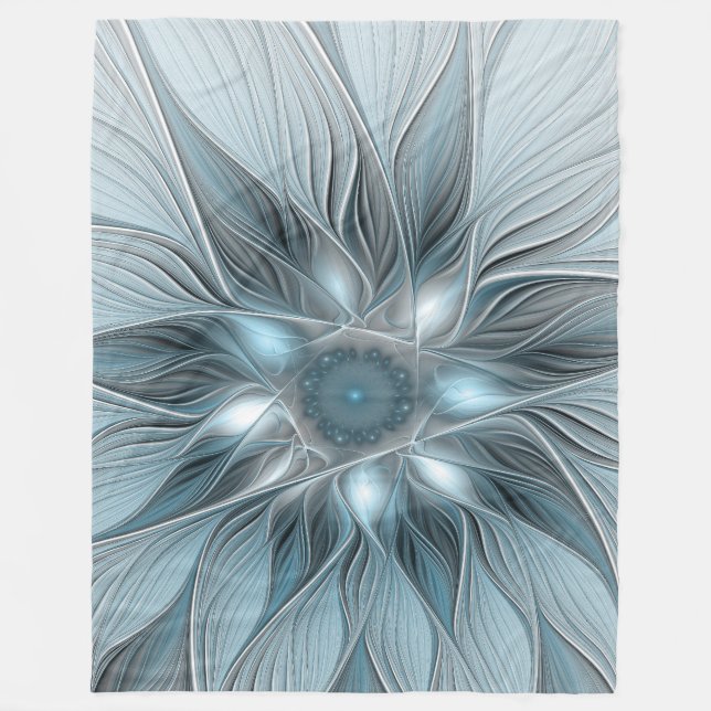 Joyful Flower Abstract Blue Grey Floral Fractal Fleece Blanket (Front)