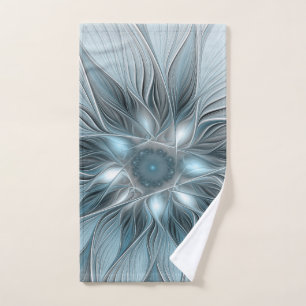 Joyful Flower Abstract Blue Grey Floral Fractal Hand Towel