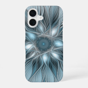 Joyful Flower Abstract Blue Grey Floral Fractal iPhone 16 Case