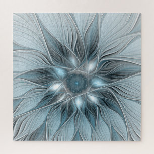 Joyful Flower Abstract Blue Grey Floral Fractal Jigsaw Puzzle