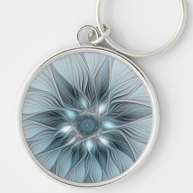 Joyful Flower Abstract Blue Grey Floral Fractal Key Ring (Front)