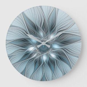 Joyful Flower Abstract Blue Grey Floral Fractal Large Clock