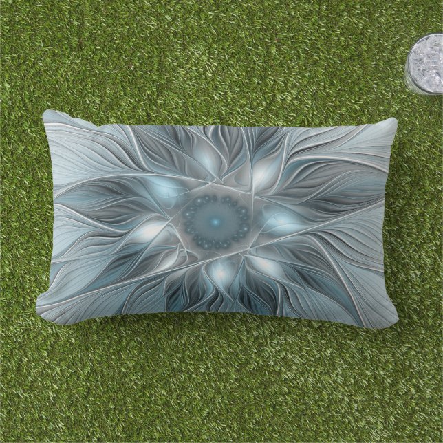 Joyful Flower Abstract Blue Grey Floral Fractal Lumbar Cushion (Grass)