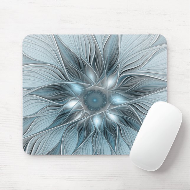 Joyful Flower Abstract Blue Grey Floral Fractal Mouse Pad (With Mouse)
