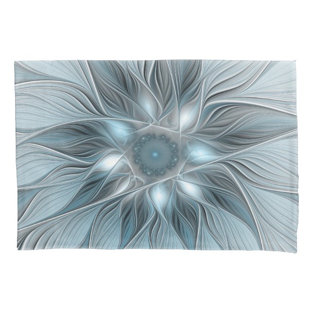 Joyful Flower Abstract Blue Grey Floral Fractal Pillowcase (Front)