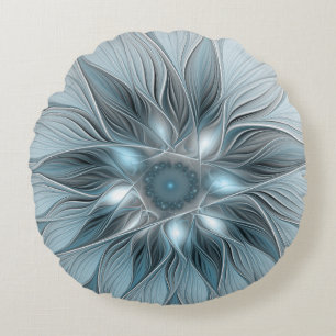 Joyful Flower Abstract Blue Grey Floral Fractal Round Cushion