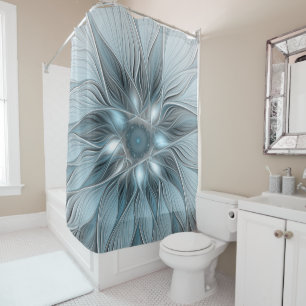 Joyful Flower Abstract Blue Grey Floral Fractal Shower Curtain