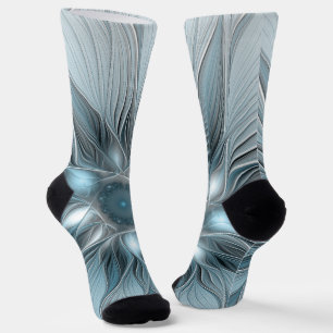Joyful Flower Abstract Blue Grey Floral Fractal Socks