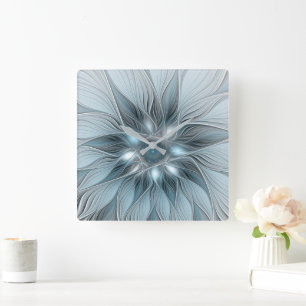 Joyful Flower Abstract Blue Grey Floral Fractal Square Wall Clock