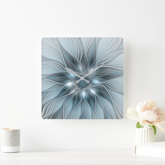 Joyful Flower Abstract Blue Grey Floral Fractal Square Wall Clock (Home)