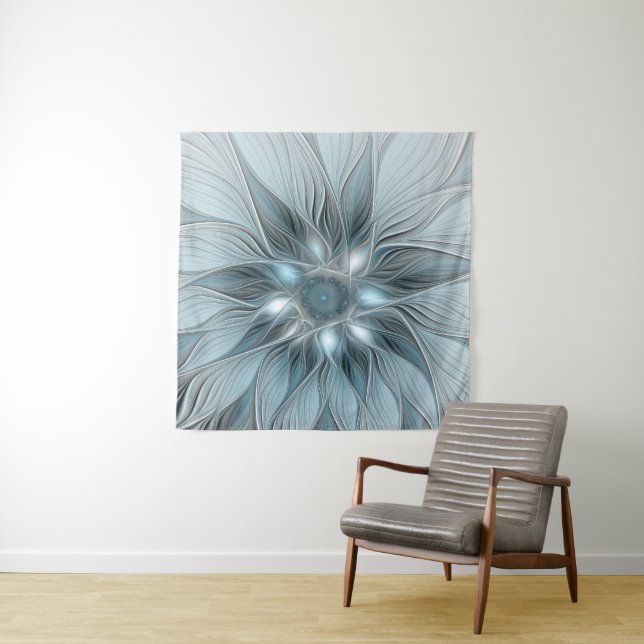 Joyful Flower Abstract Blue Grey Floral Fractal Tapestry (In Situ)