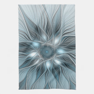 Joyful Flower Abstract Blue Grey Floral Fractal Tea Towel