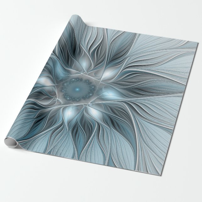 Joyful Flower Abstract Blue Grey Floral Fractal Wrapping Paper (Unrolled)