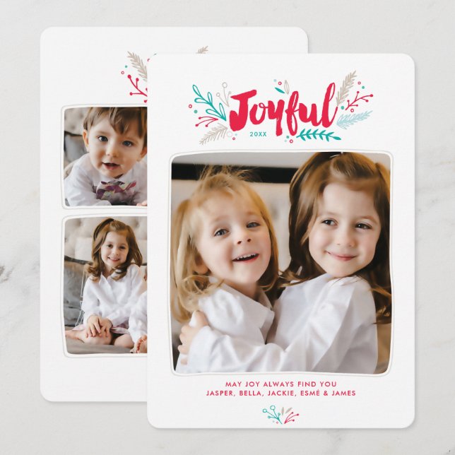 Joyful Foliage Christmas Holiday 4 Photo Flat Card (Front/Back)