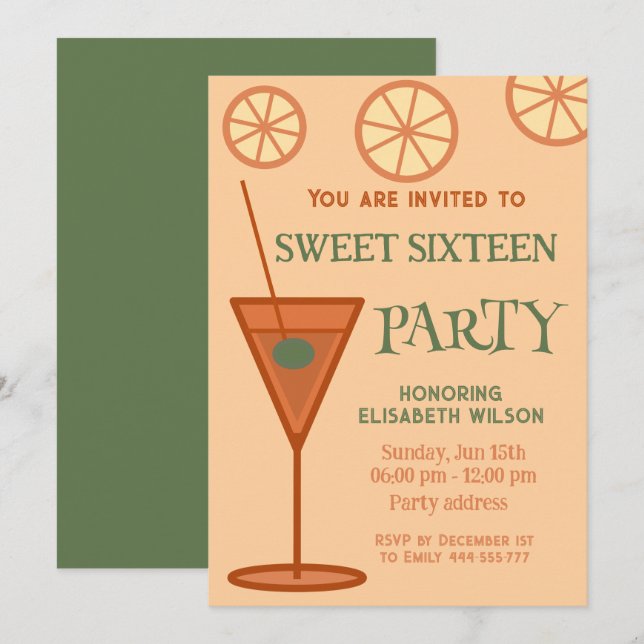Joyful fun cool cocktail party sweet 16 invitation (Front/Back)