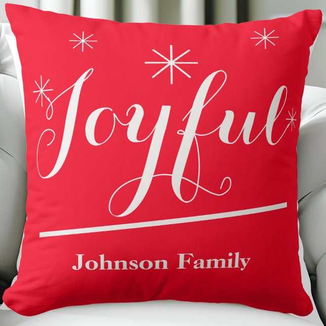 Joyful Gift Script Name Chic Rustic Red Christmas Cushion ("Joyful" rustic chic red personalized Christmas throw pillow.)